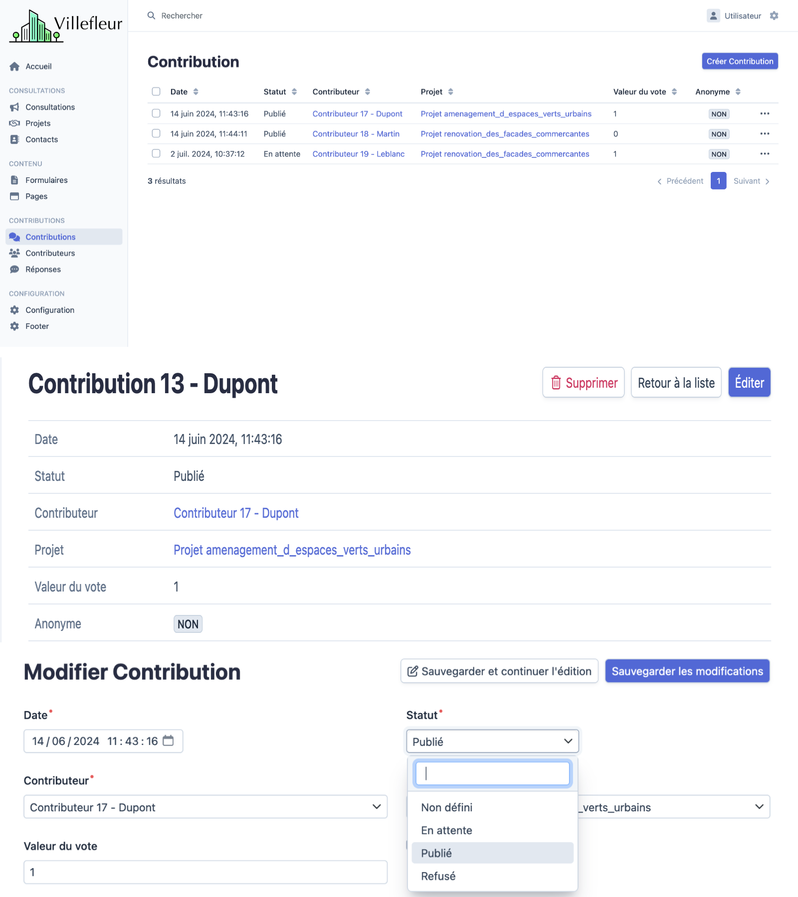 Copie écran backoffice gestion des contributions